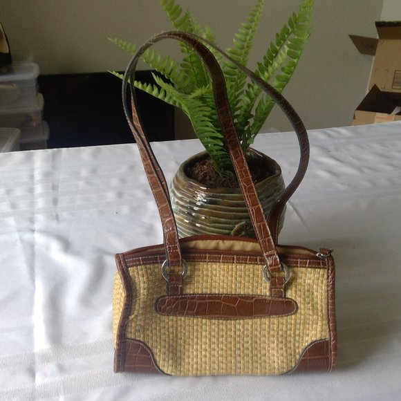 Handbags - Satchel Purse, Brown Croc Leather & Raffia